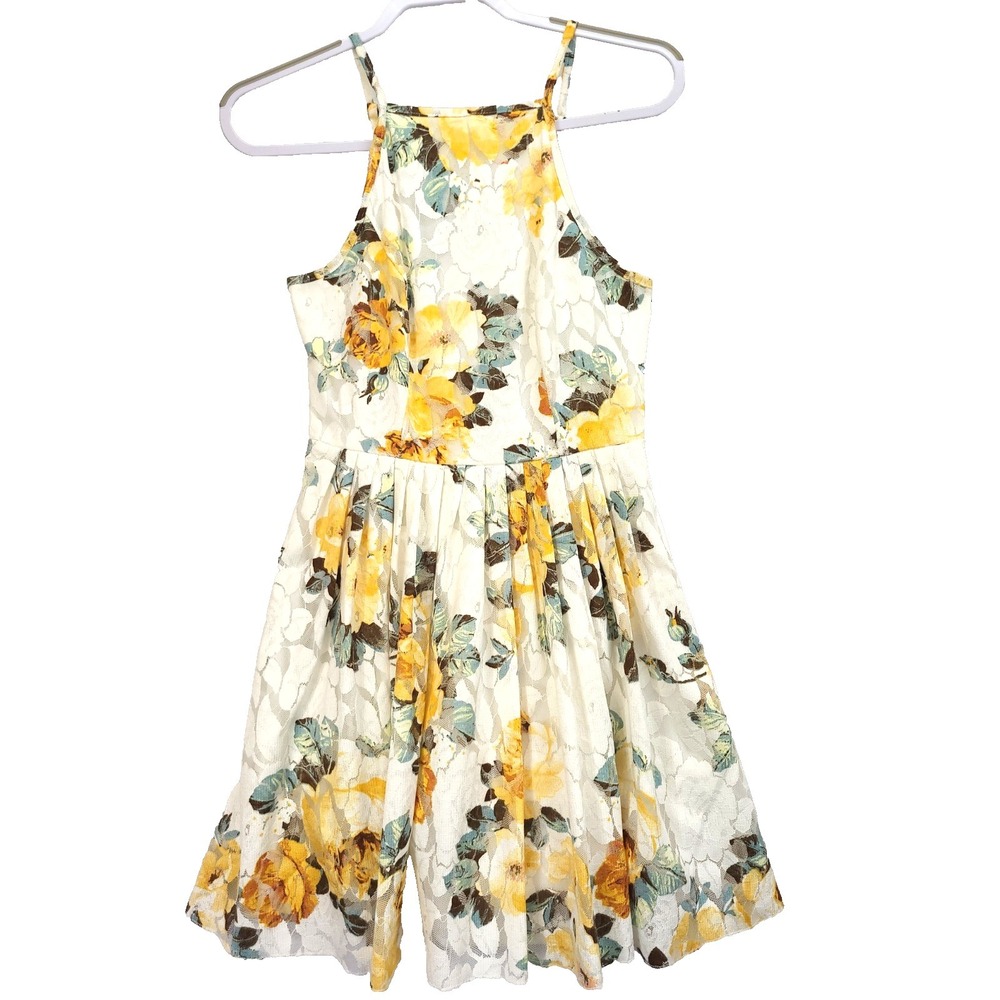 Bailey Blue Womens Sun Dress Yellow Rose‎ Summer Beach Overlay Lace Size Med